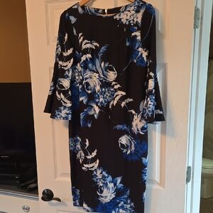 Calvin Klein Black and Blue Floral Long Sleeve Dress